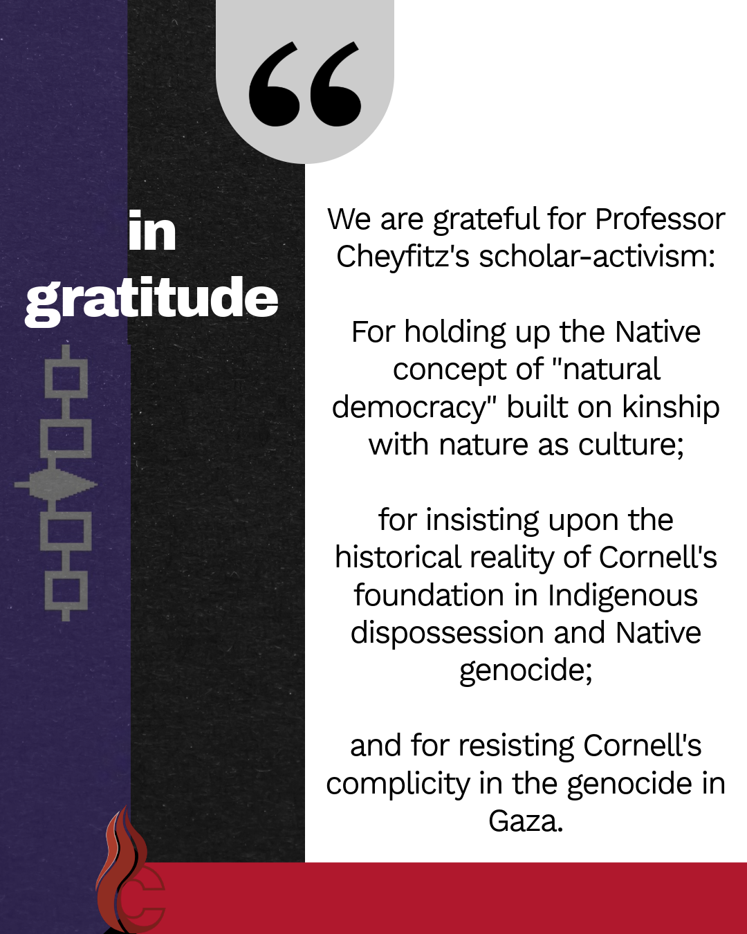 In gratitude
We are grateful for Professor Cheyfitz's scholar-activism:
For holding up the Native concept of "natural democracy" built on kinship with nature as culture; for insisting upon the historical reality of Cornell's foundation in Indigenous dispossession and Native genocide; and for resisting Cornell's complicity in the genocide in Gaza.