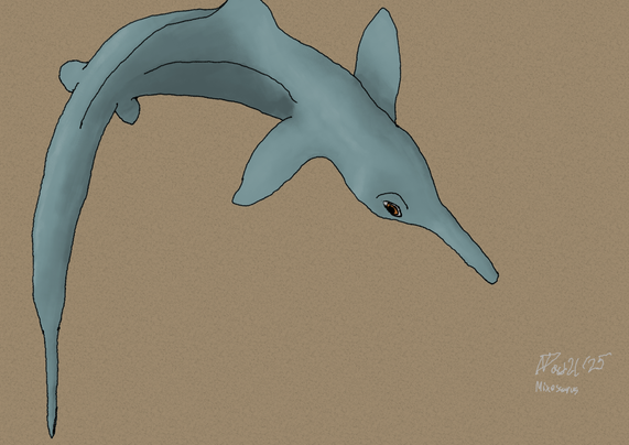 Digital sketch of a blue-grey mixosaurus on a plain brown background.