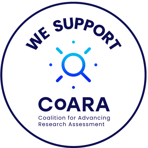 Circular badge with the text ‘We Support’ at the top and ‘CoARA Coalition for Advancing Research Assessment’ at the bottom. In the centre is the CoARA logo: a magnifying glass icon with radiating lines, in shades of blue.