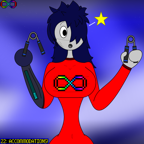 AUCTOBER 2025
22: Accommodations! 
Iridium holds two hand grippers, one on each hand. She's amazed to hold both of these, and her left hand squeezes one of the grippers, which makes her feel accommodated.