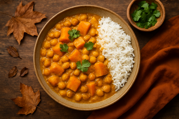 Plato de curry de calabaza con garbanzos, visto desde arriba