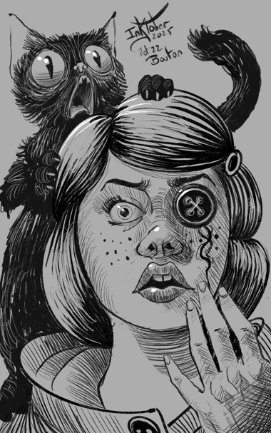 Un jeune fille avec un chat noir sur le dos surprise de découvrir un bouton cousu sur son oeil