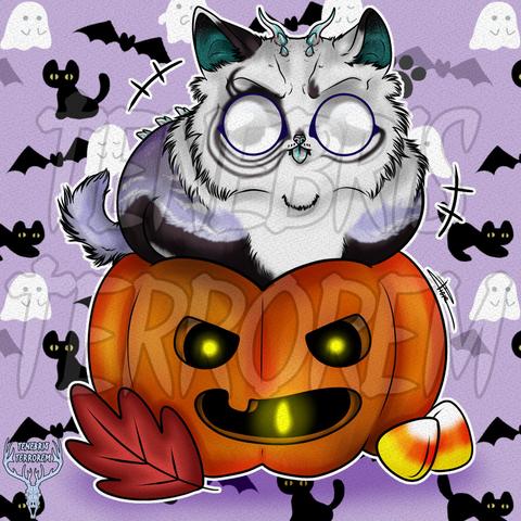 Drawing of a chinky and Derpy wolf like creature sitting in a jack-o'-lantern with a red leaf in front and pair of corn candies. The background is light purple with tiny ghosts, bats and black cats.