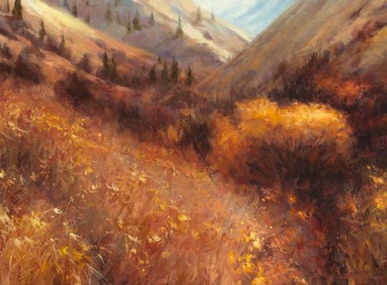 Art print of an original oil painting depicting a field in the hills, turned orange in autumn.