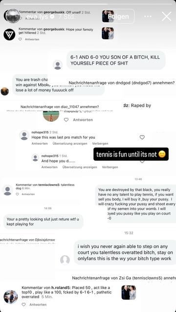 Ein Screenshot von Social-Media-Kommentaren mit aggressiven und respektlosen Nachrichten, die an die Tennisspielerin Eva Lys gerichtet sind. Die Kommentare enthalten Beleidigungen über die Tennisleistung und persönliche Angriffe, zusammen mit ihrem Kommentar, dass "Tennis macht Spaß, bis es keinen Spaß mehr macht".