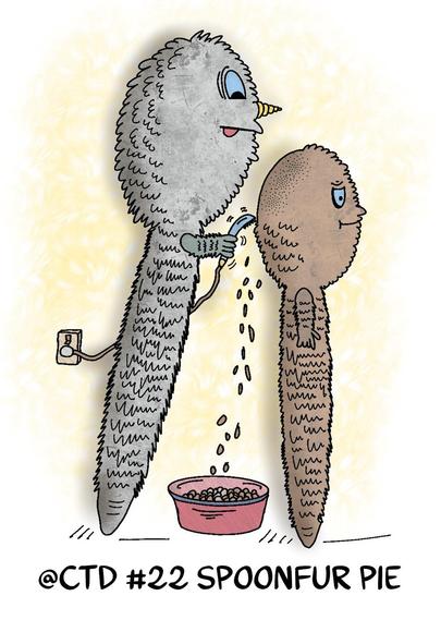 A cartoon illustration features two anthropomorphic characters resembling furry, elongated spoons. One character, gray and fluffy, is using a device to shave fur into a bowl from the other character, brown and more cylindrical, who stands still. 