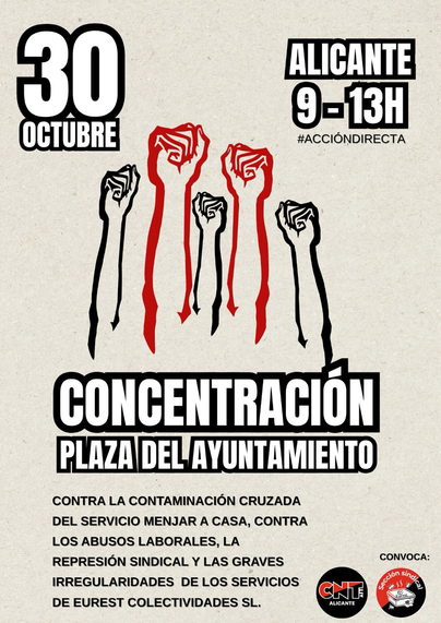 Cartel crudo con dibujos de puños hacia el cielo de color rojo y negro. 