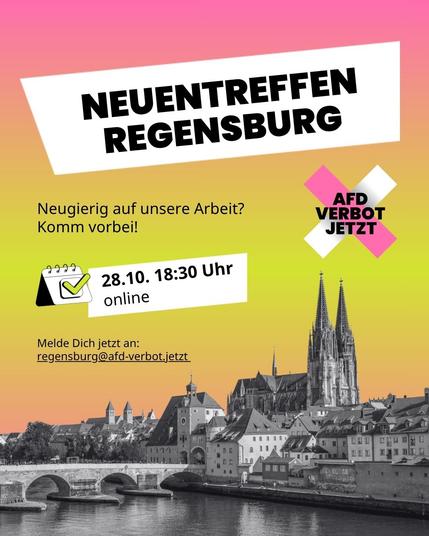 Eine Infografik, die ein Treffen in Regensburg ankündigt, am 28.10.2025 um 18:30 Uhr. Das Treffen findet online statt, es wird gebeten, sich per E-Mail anzumelden: regensburg@afd-verbot.jetzt. Ein Text verkündet: Neugierig auf unsere Arbeit? Komm vorbei! Ein Foto vom Regensburger Panorama am Fluss dekoriert die Seite.