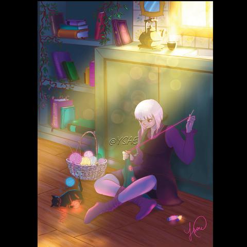 Dessin numérique représentant une jeune femme, par terre dans cuisine en train de recoudre un bouton avec du fil magique. A côté d'elle, son chat joue avec une pelote.