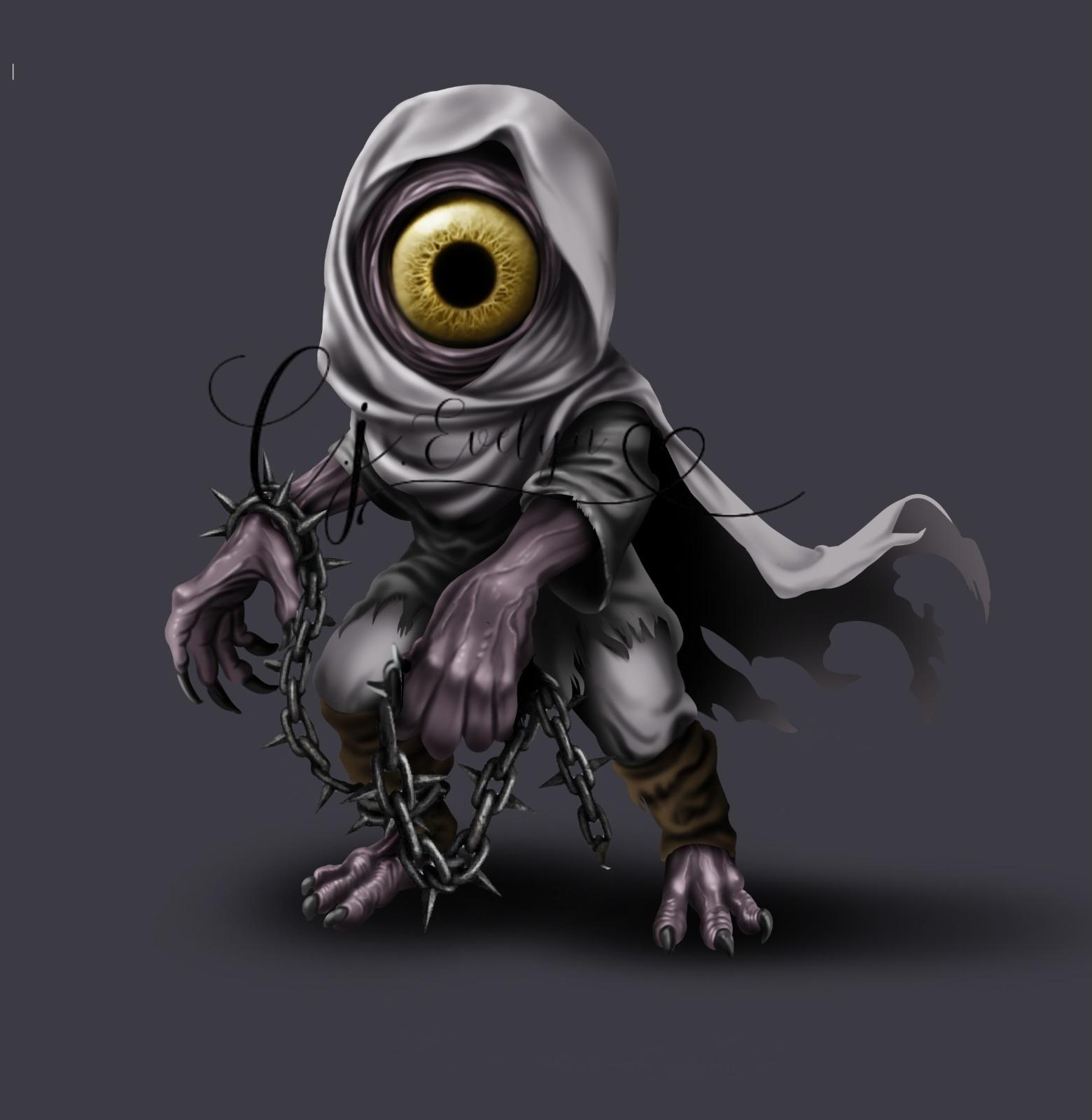 A dark fantasy creature with a single large yellow eye wearing a torn white hooded cloak. It has purple, clawed limbs and bare feet bound with black chains. The background is a plain dark grey, emphasizing the eerie, otherworldly figure.”