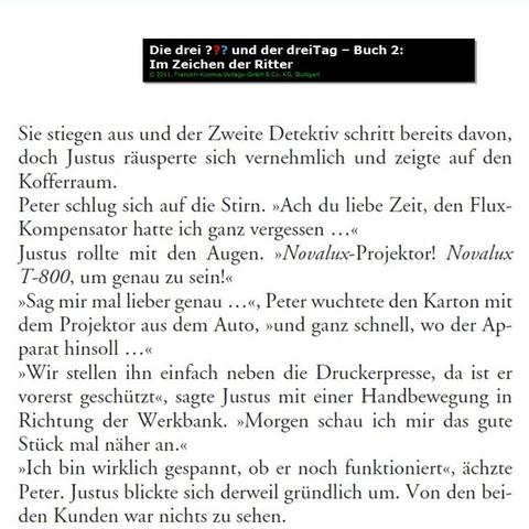 Die drei ??? und der dreiTag – Buch 2: Im Zeichen der Ritter / Auszug: "Ach du liebe Zeit, den Flux-Kompensator hatte ich ganz vergessen ..."