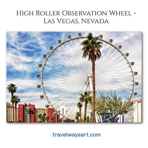 Looking up at the High Roller in Las Vegas, where bright desert light meets the ordered lines of steel and glass.
The wheel rises more than 550 feet above the Strip, each pod carrying passengers on a slow circle over the city. I liked how the palm trees soften the structure, adding life and rhythm — a reminder that even in the most urban places, nature finds its place.