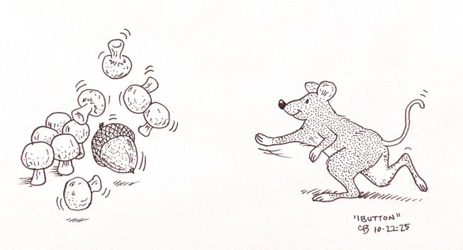 Ink drawing of a mouse bowling with an acorn as the ball and button mushrooms as the pins.
