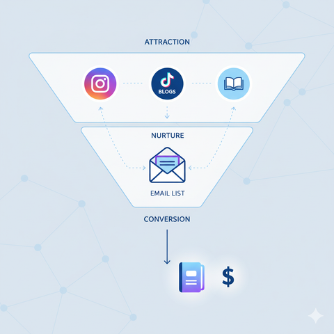Diagram illustrating simple sales funnels for creators, moving potential customers from social media/blogs through email to a digital product sale.