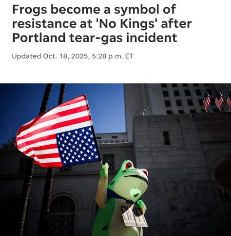Image of the Portland Frog holding a sign that says 8647 and an American flag flying upside down.