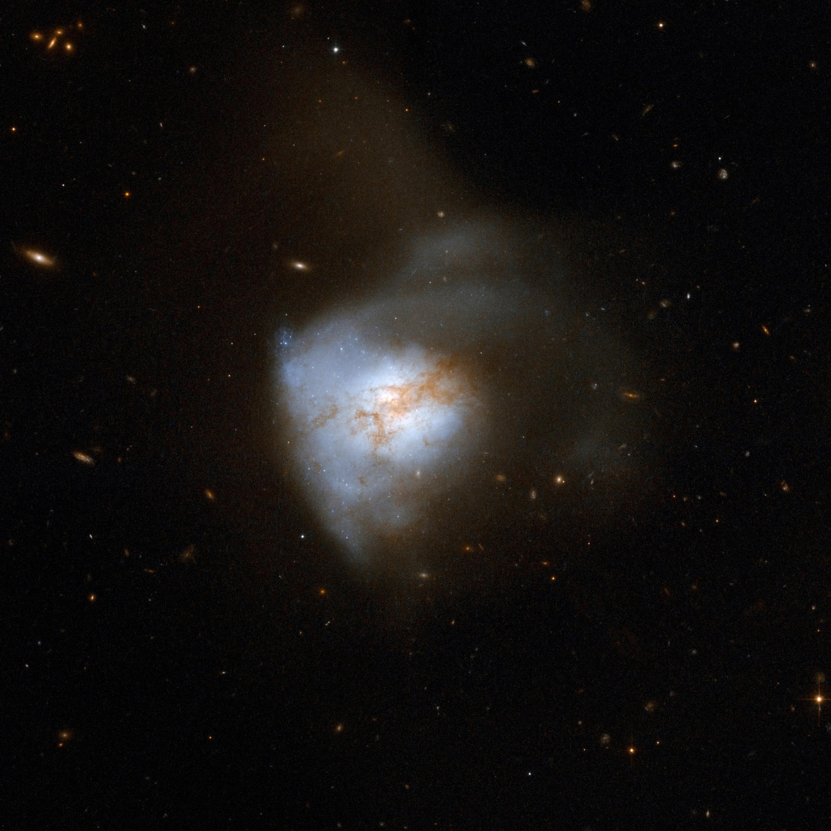 An irregularly shaped galaxy fills most of the frame. The center is brighter, filled with a blue-white haze of stars that backlights a horizontal band of brown dust. Another area to the left of the core, almost as bright as the center is filled with a similar haze of stars and dotted with blue star clusters. To the right, the galaxy is less bright and more transparent. A faint hazy line extends almost vertically from the top of the galaxy. The black background of space is filled with stars and tiny background galaxies.