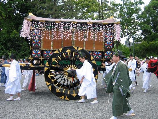 One of the decorated ox carriages, part of the Aoi Matsuri procession.
