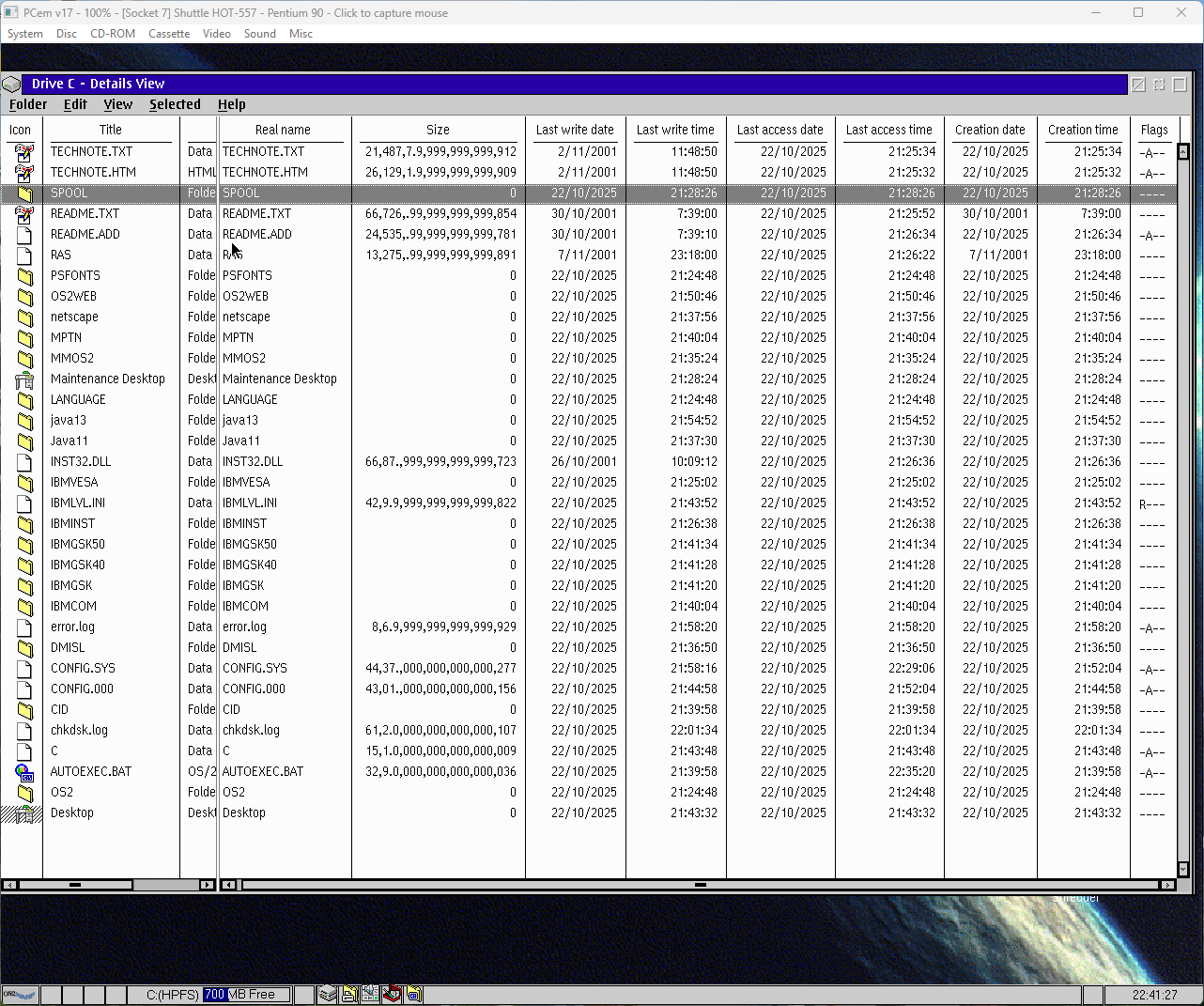 PCem v17 screenshot of OS/2 Warp 4.52 File Manager displaying a detailed list of files on the hard drive, captioned "Drive C - Details View". List of file names at left, 11 columns of file information, icons at far left. Mostly comprehensible, but WTF is going on in the Size column? I know that TECHNOTE.TXT is 214,878 bytes in size. But the value displayed, "21,487,7.9,999,999,999,912", suggests a weird rounding error (214878 / 10 = 214,877.9999999999912...).