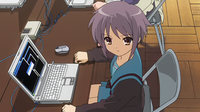 A girl (Yuki) looking up at the viewer in front of a computer with a myriad of command prompts open and a window in front of the set.