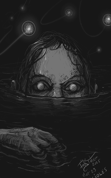 Un visage effrayant sort de l’eau entouré de lucioles