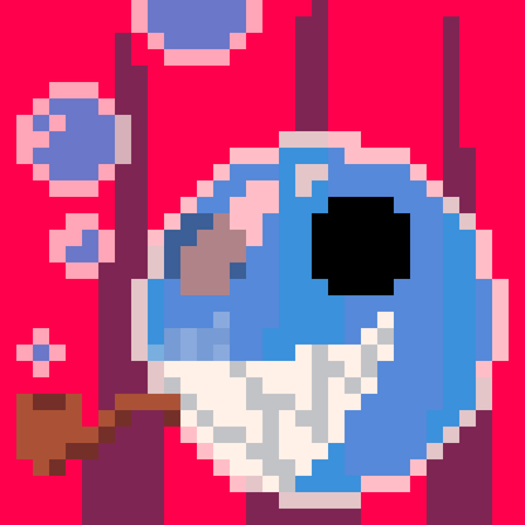 Pixel art of Bubble from the animated series "The Amazing Digital Circus"

Bubble is a large, sentient, blue, soap-like bubble. He has a big grinning mouth full of sharp teeth and two large, flat, circular black eyes.

He is smoking a bubble pipe. When offered one in an episode, he responded with "No thanks, I'm trying to quit."