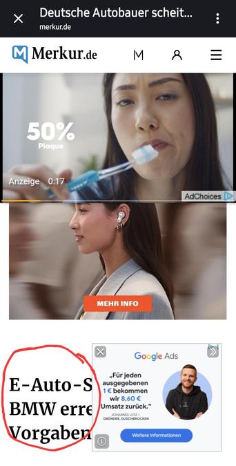 Zu sehen ist die Webseite von merkur.de, wo sehr viele Werbungsanzeigen zu sehen sind und der eigentliche Text nur in der linken unteren Ecke.