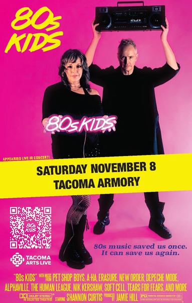 This is a poster advertising the upcoming Shannon Curtis and Jamie Hill "80s kids" show, which is playing at the Tacoma Armory in Tacoma, Washington, USA on Saturday, November 8, 2025. The poster features a picture of Shannon and Jamie on a pink background. Shannon is holding an "80s kids" neon sign; Jamie is holding a boombox over his head like in the movie Say Anything. The poster features descriptive text about the details of the show.