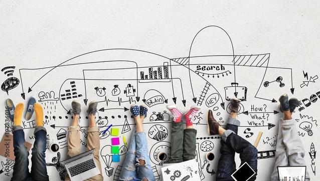 Viele unterschiedliche Beine und Füße auf einer Zeichnung zur Büroarbeit. Foto: LRZ