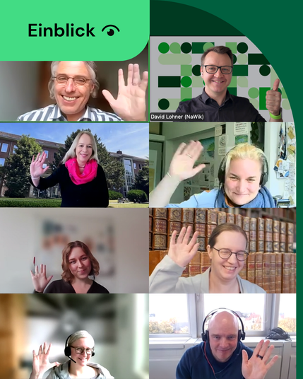 Menschen in einem Online-Meeting winken in die Kamera. 