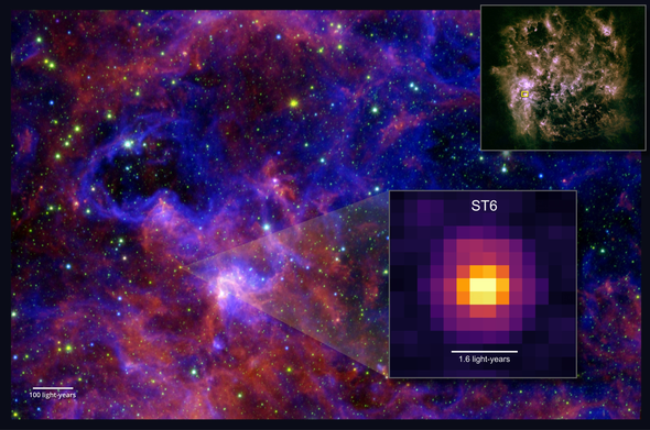 Using JWST's MIRI, researchers detected complex organic molecules around a young star called ST6 in the LMC. The full galaxy is shown in the far-infrared image (upper right). The main image is a zoom-in on the star-forming region of the LMC. JWST's MIRI image at a wavelength of 19 microns depicts ST6 (bottom right). Credit: NASA/ESA/CSA/JPL-Caltech/M. Sewiło et al. (2025)