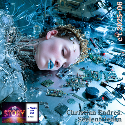 Hintergrund: Midjourney Prompt:
Female humanoid robot queen with cyan-metallic lips lies on her back disassembled into individual components on a metal desk, cybernetic parts scattered across a sleek metal table, futuristic fairy-tale castle setting, chrome and plastic mechanical limbs, torso panels, head components, circuit boards and wiring visible, clean white LED lighting, detailed mechanical parts, chrome finish, matte black plastic elements, steam punk environment, cinematic lighting, photorealistic, 8k resolution, view from above --chaos 30 --raw

Links unten: c't-Logo und Text "c't Story finden Sie auf heise+"

Text: c't 2025-06
Christian Endres: Seelenfrieden