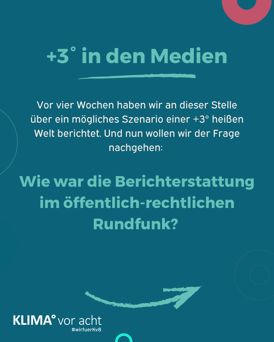 Titel auf Bild: +3° in den Medien
Text auf Bild: Vor vier Wochen haben wir an dieser Stelle über ein mögliches Szenario einer +3° heißen Welt berichtet. Und nun wollen wir der Frage nachgehen: Wie war die Berichterstattung im öffentlich-rechtlichen
Rundfunk?
