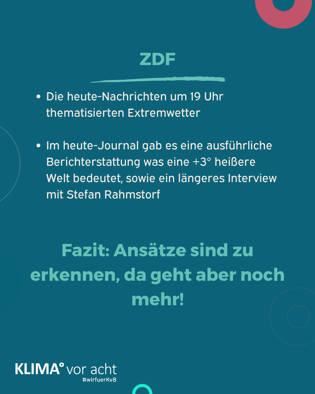 Titel: ZDF
* Die heute-Nachrichten um 19 Uhr thematisierten Extremwetter 
* Im heute-Journal gab es eine ausführliche Berichterstattung was eine +3° heißere Welt bedeutet, sowie ein längeres Interview mit Stefan Rahmstorf Fazit: Ansätze sind zu erkennen, da geht aber noch mehr!