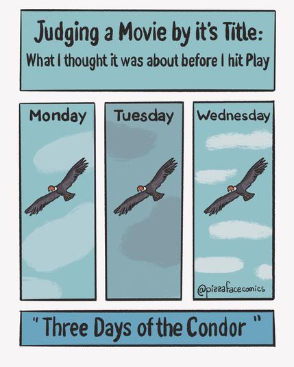 Panel 1: Text saying "Judging a Movie by it’s title: What I thought it was about before I hit Play"
Panel 2: Text saying « Monday » and drawing of a bird flying in the sky
Panel 3: Text saying « Tuesday » and drawing of a bird flying in the sky
Panel 4: Text saying « Wednesday » and drawing of a bird flying in the sky
Panel 5: the title of the movie is « Three Days of the Condor »