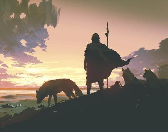 Un Homme debout au clair de lune avec ses chiens 