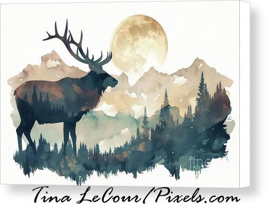 This is a double exposure mixed media canvas of a Great Elk with a mountain scene inside the elks body and in the background with a big full moon behind the landscape.  