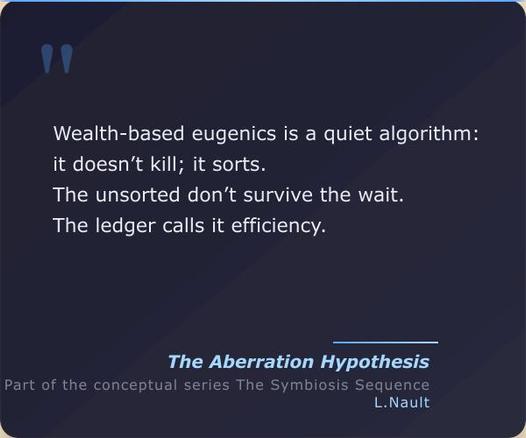 A quote card with the quote ""Wealth-based eugenics is a quiet algorithm: it doesn’t kill; it sorts.
The unsorted don’t survive the wait. The ledger calls it efficiency." from the book The Aberration Hypothesis, coming in 2026 by Lawrence Nault
