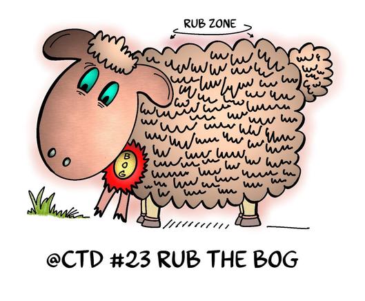 A cartoon sheep with a playful expression stands in a grassy area. It has a medal marked "BOG" around its neck and features a designated "RUB ZONE" on its body. The text "@CTD #23 RUB THE BOG” is in the caption 