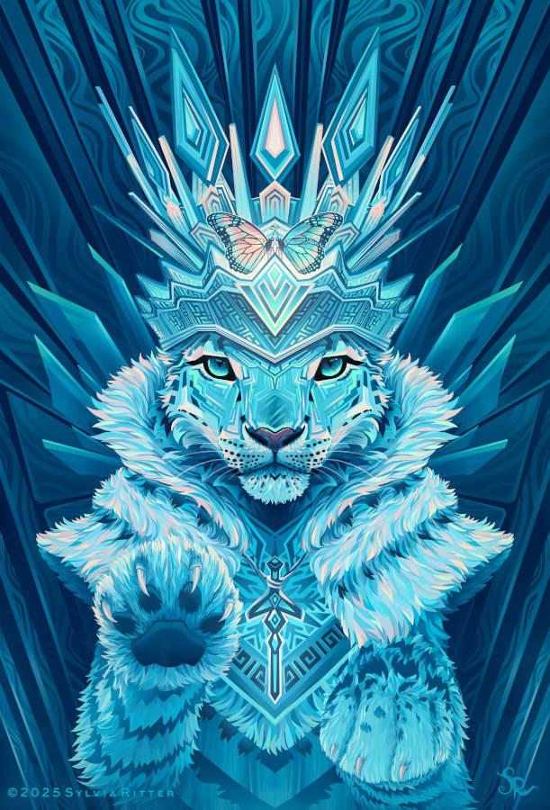 Queen of Swords
For this card, I chose a snow leopard as the queen proudly wearing the most precious crown in the whole ice kingdom, extra fluffy fur for protection against frosty times, and demonstrating strength. A necklace with an icy sword pendant is the other part of the jewelry as a subtle warning.
The element air and endless freedom of thought in the snow leopard's mind are symbolized by the two butterflies sitting on the crown. One of the butterflies has a warmer color tone to emphasize the duality of "Your Majesty". The queen is independent, intelligent, and self-sufficient, often seen as cold or distant. Therefore, the paw on the right side of the painting shows claws and is in a defensive position. The other paw looks more relaxed and gracious. In the background, we can see sword and ice-like shapes with abstract patterns.
https://www.deviantart.com/sylviaritter/art/1242105016
