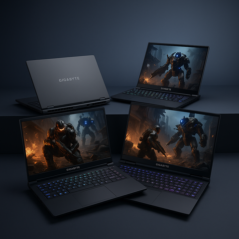 Image stylisée montrant plusieurs PC portables gamer GIGABYTE ouverts, avec lumières RGB et un fond sombre futuriste bleu/argent, accompagnée du texte :
“GIGABYTE – Performance, puissance et style.”
