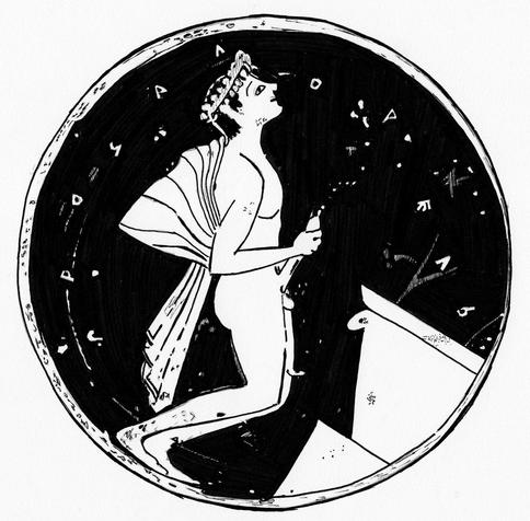 Black-and-white recreation of a red-figure vase painting that depicts a young man cumming into a wine crater.