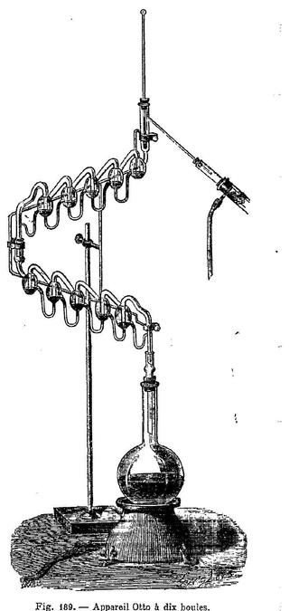 A fractional distillation apparatus from the late 19th century with an utterly bonkers "dephlegmator" consisting of ten egg-shaped bubblers linked by syphons. 