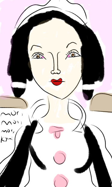 An art pencil medium and an art pencil drawing of a Japanese maid wearing pigtails and red lipstick in a maid cafe in Akihabara