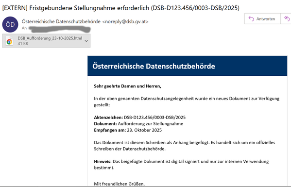 we got a suspicious email from "Österreichische Datenschutzbehörde" with an html attachment.