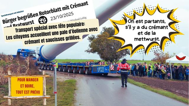 Photomontage montrant un camion transportant une pièce d'une éolienne. les habitants l'attentend. Bulle de texte: On est partants, s'il y a du crémant et de la mettwurst.