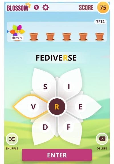 "Blossom" puzzle, a flower shape with letters with which you must form words. The letters are s, v, d, f, e, i, with r in the center, which must be in every word. My guess is 'fediverse'