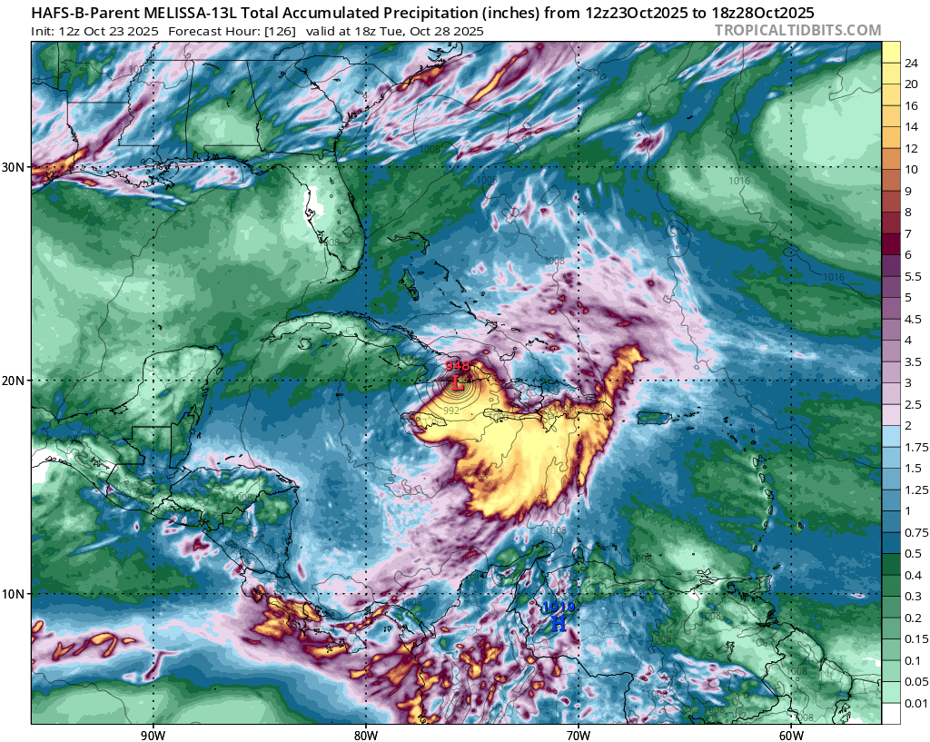 Snapshot from one current hurricane model prediction depicting highly extreme rainfall occurring over portions of Jamaica, Haiti, and Cuba. Uncertainly is high, but the risk of catastrophic flooding is growing.