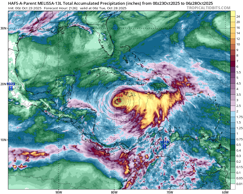 Snapshot from one current hurricane model prediction depicting highly extreme rainfall occurring over portions of Jamaica, Haiti, and Cuba. Uncertainly is high, but the risk of catastrophic flooding is growing.