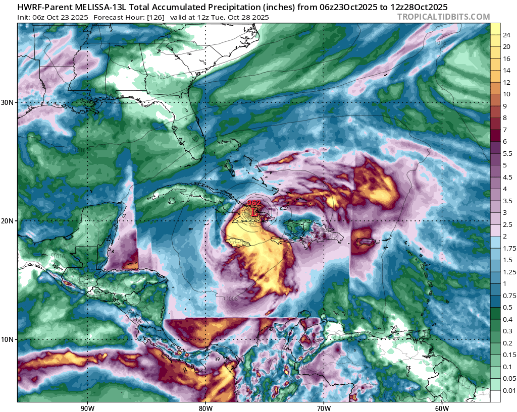 Snapshot from one current hurricane model prediction depicting highly extreme rainfall occurring over portions of Jamaica, Haiti, and Cuba. Uncertainly is high, but the risk of catastrophic flooding is growing.