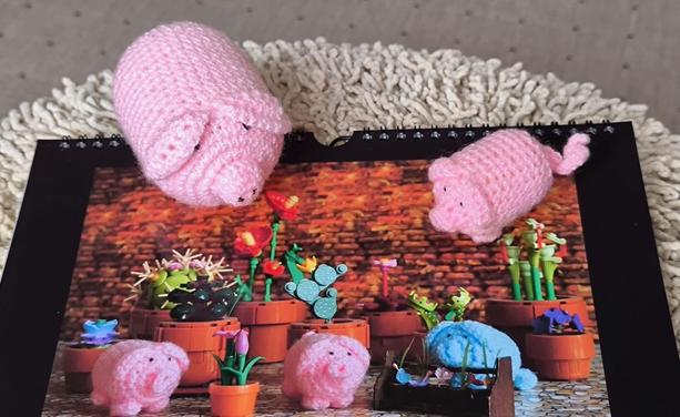 Ein großes und ein normales haekelschwein sitzen auf dem haekelschwein-Kalender.